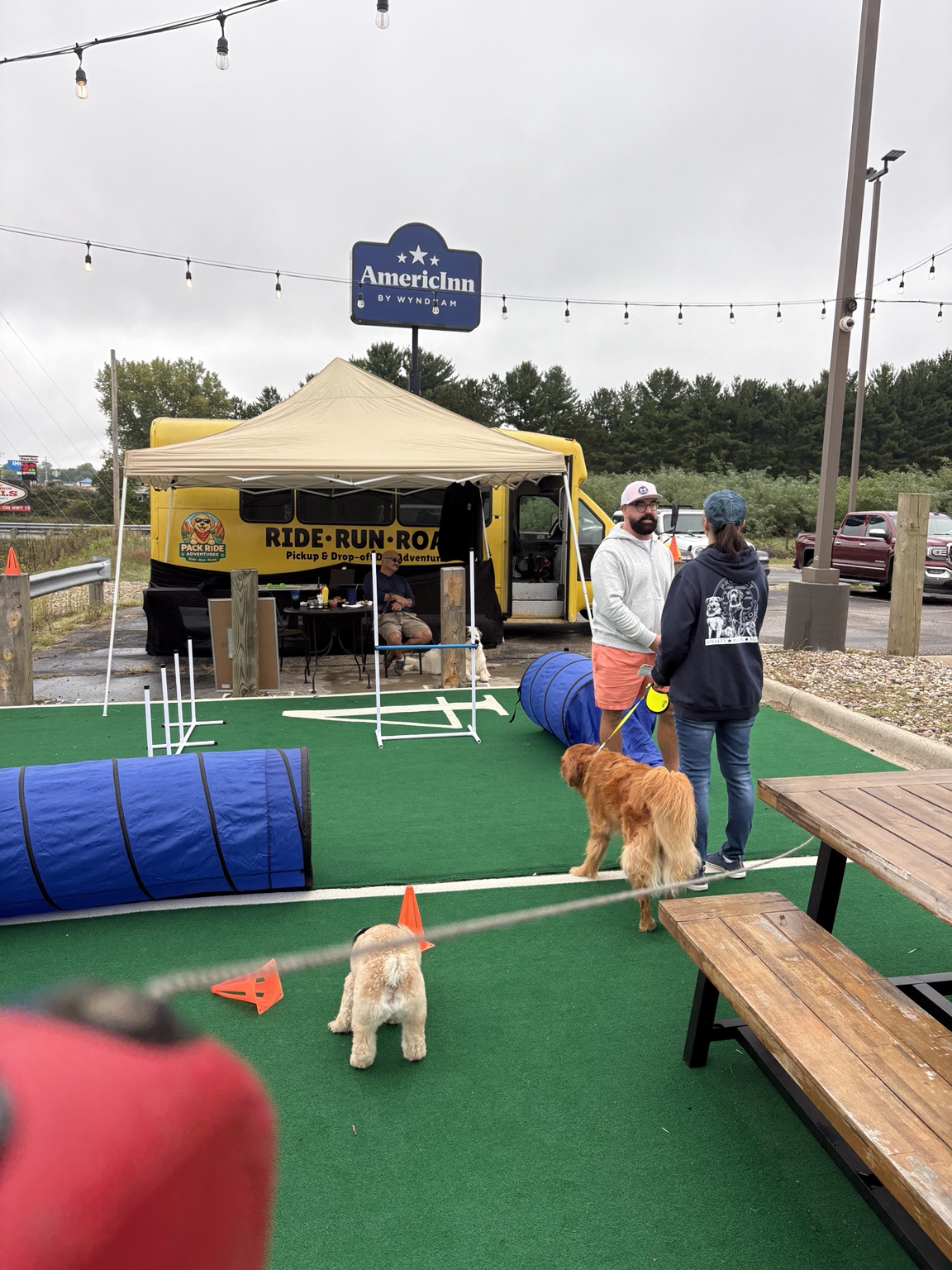 Pack Ride Adventures bus and agility course set up at Pals Brewing Company