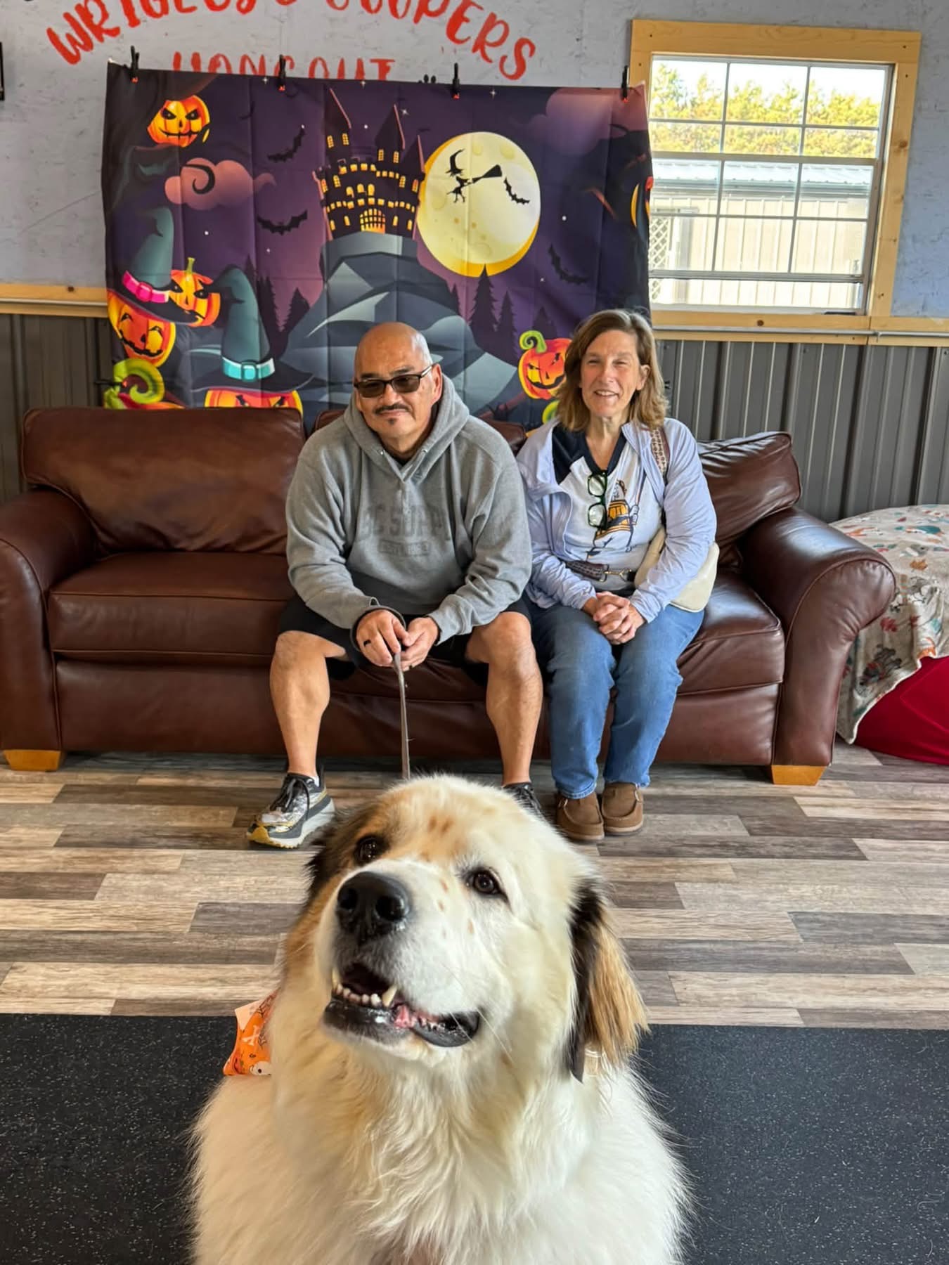Family posing with their large fluffy dog in the Halloween photo area